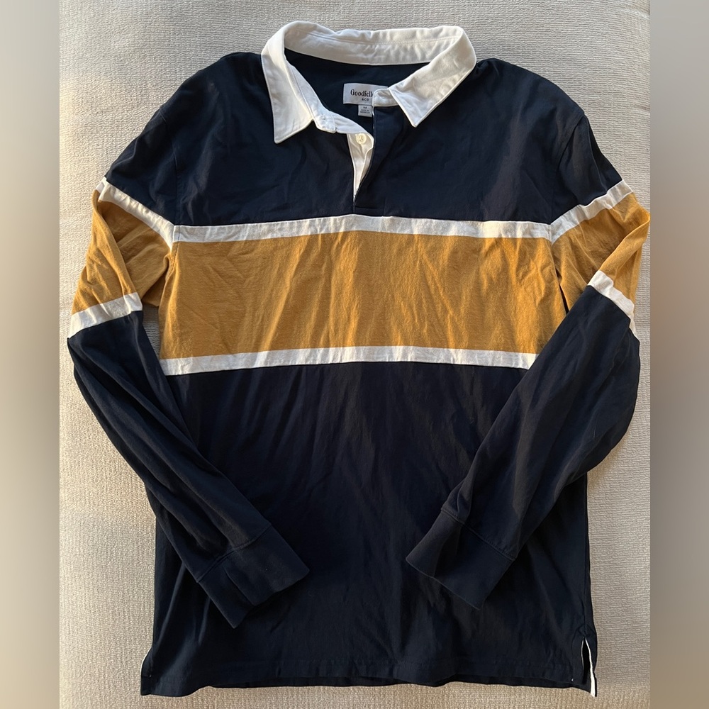 Goodfellow & Co Navy, Mustard & White Striped Rugby Polo